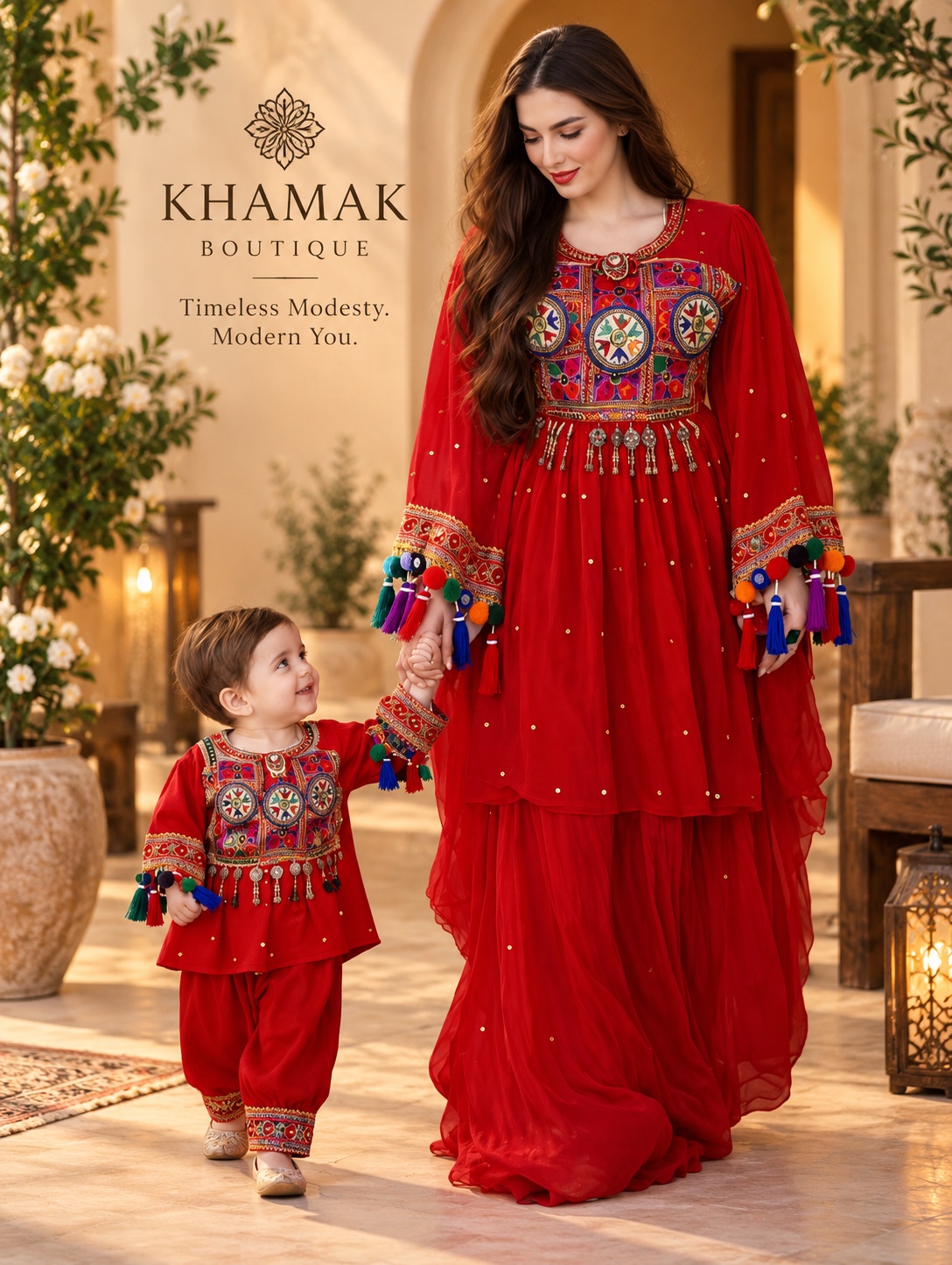 Matching red looks with colourful embroidery and tassel details.