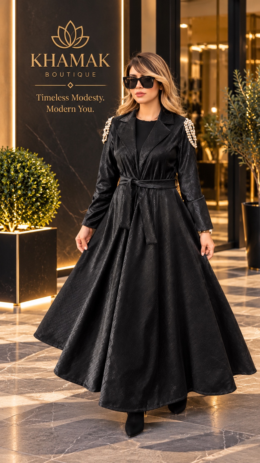 A flared black coat with a tie waist and pearl-like shoulder details.