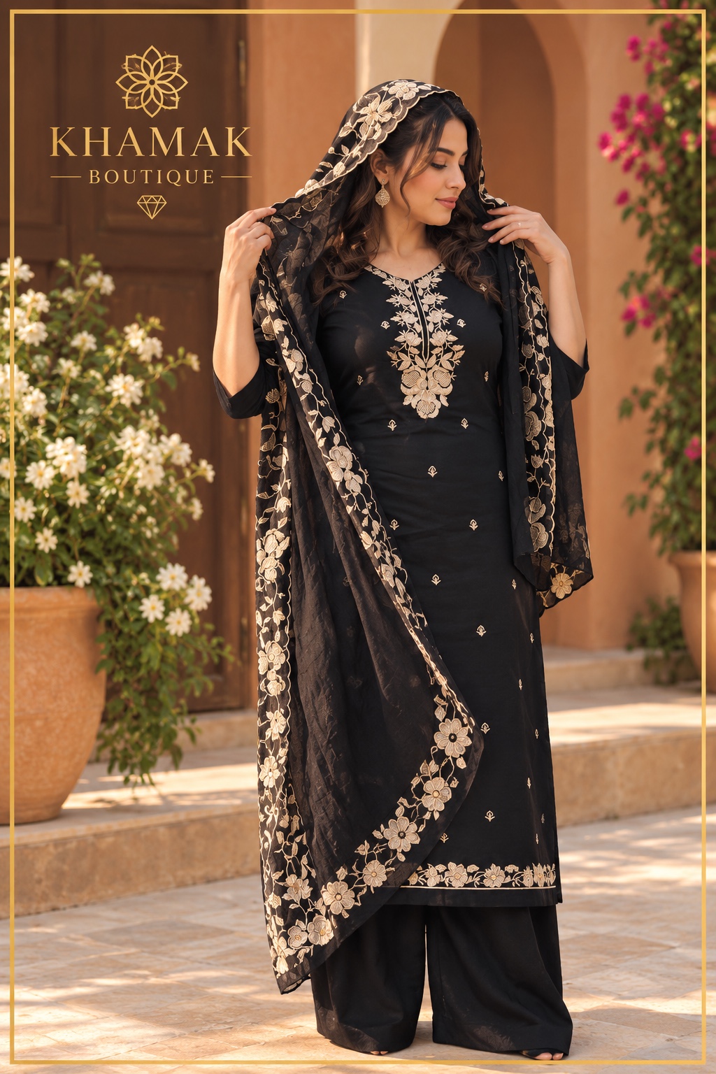 A black coordinated look with pale floral detailing and a matching scarf.