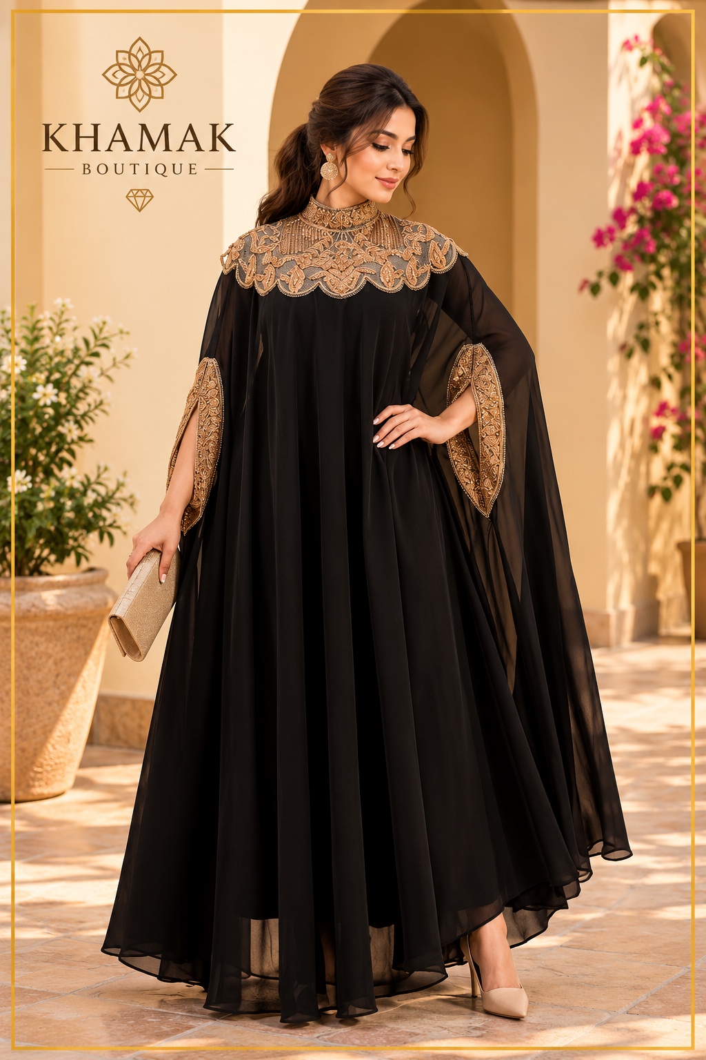 A flowing black dress with gold-coloured neckline and sleeve details.