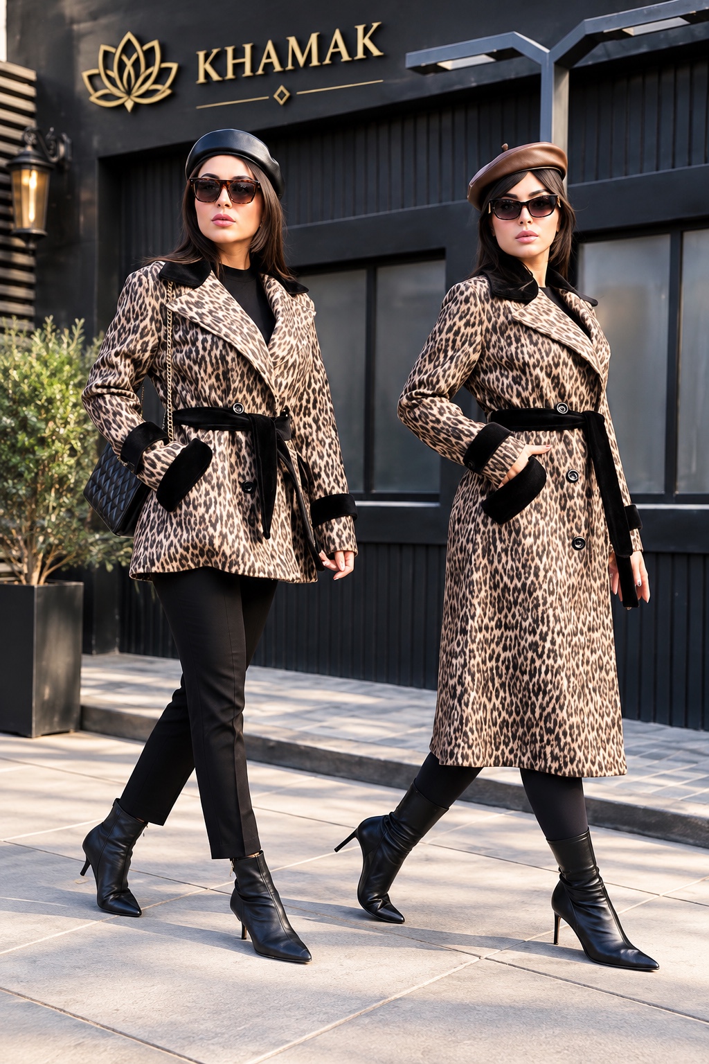Two patterned coats with contrasting light and dark styling.