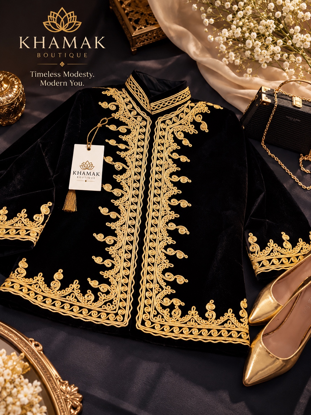 A black velvet jacket with ornate gold-coloured embroidery; also pictured in green.