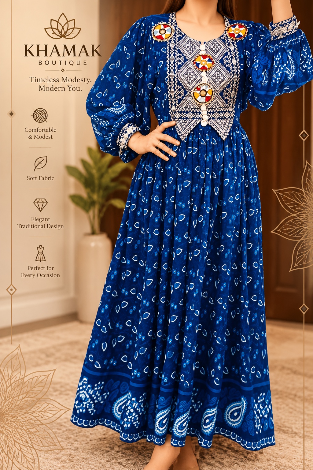 A blue Afghan-inspired dress with expressive embroidered details.