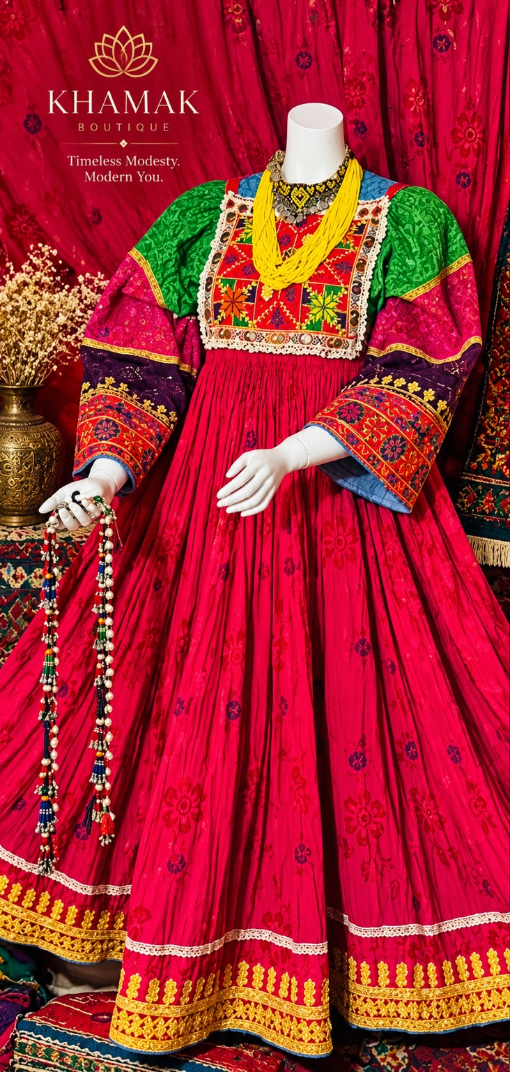 A red heritage dress presented on a mannequin with colourful detailing.