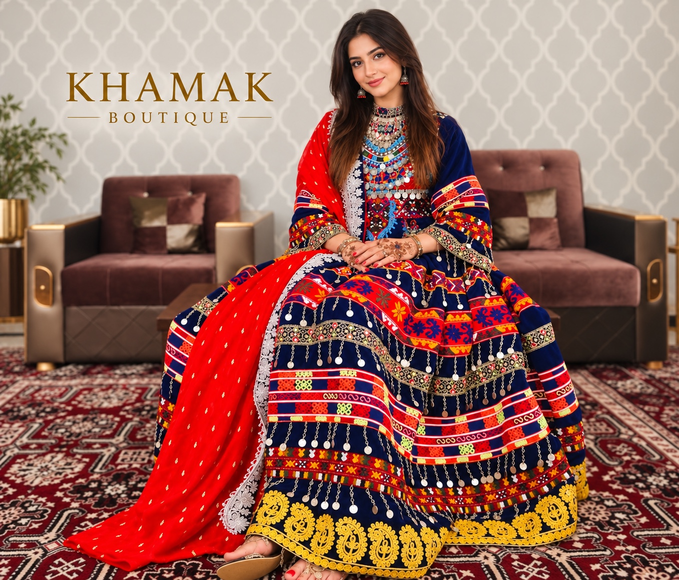A richly detailed blue traditional look with vibrant embroidered accents.