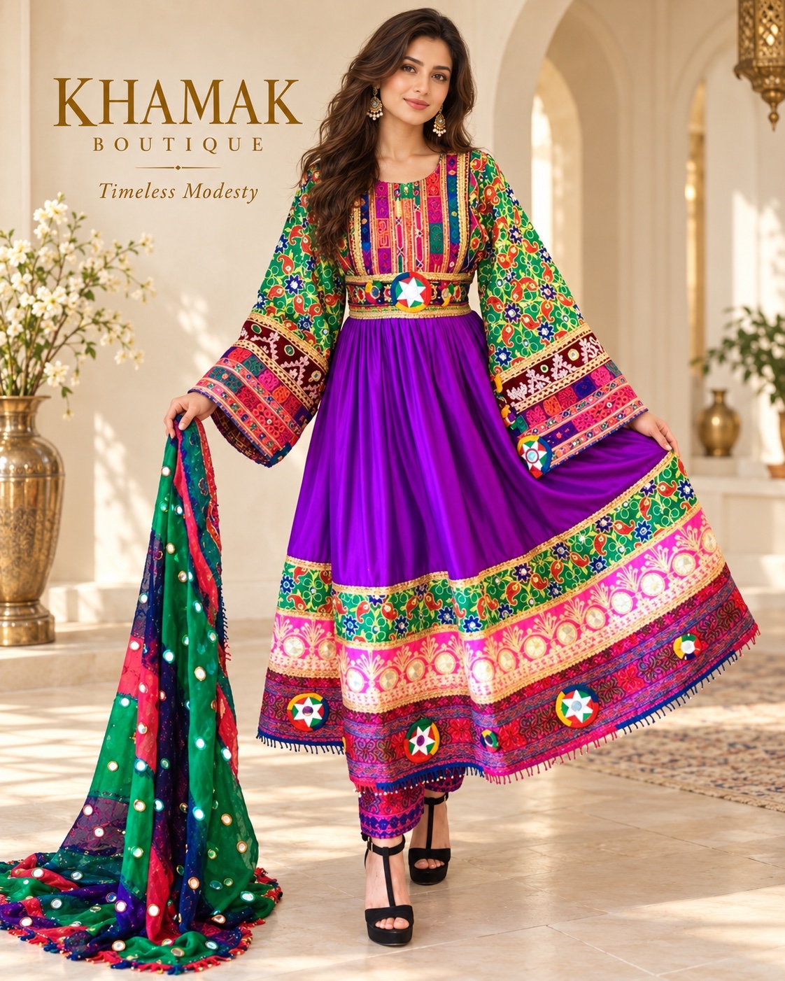 A purple traditional dress with colourful trim and a flowing silhouette.