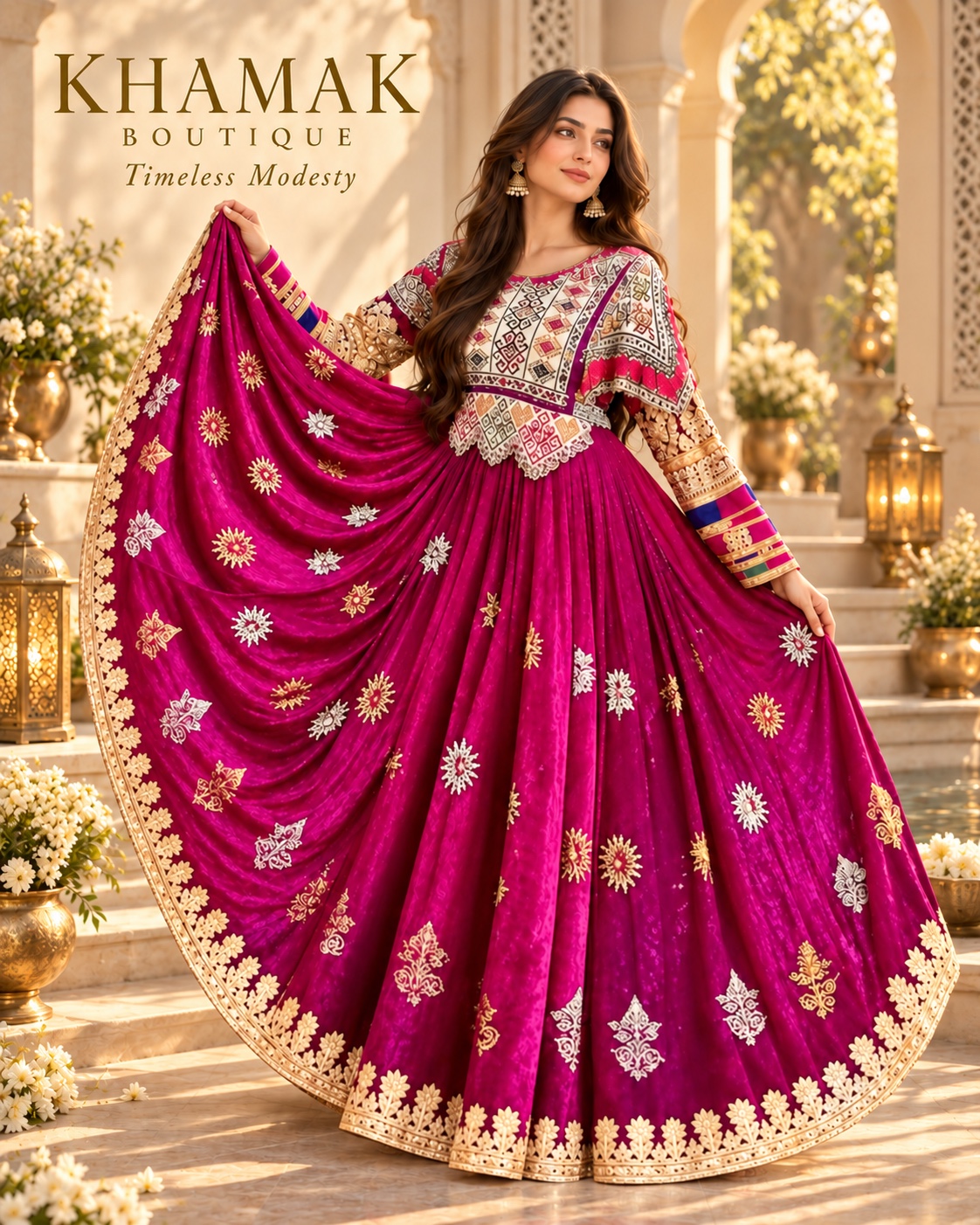 A full-length magenta dress with decorative embroidery.