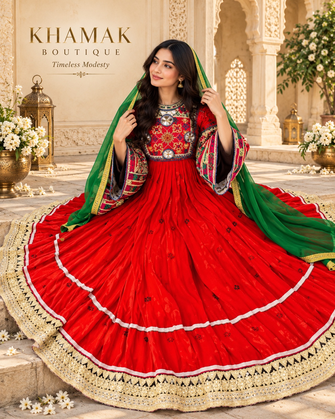A red Afghan-inspired dress styled with a green scarf.