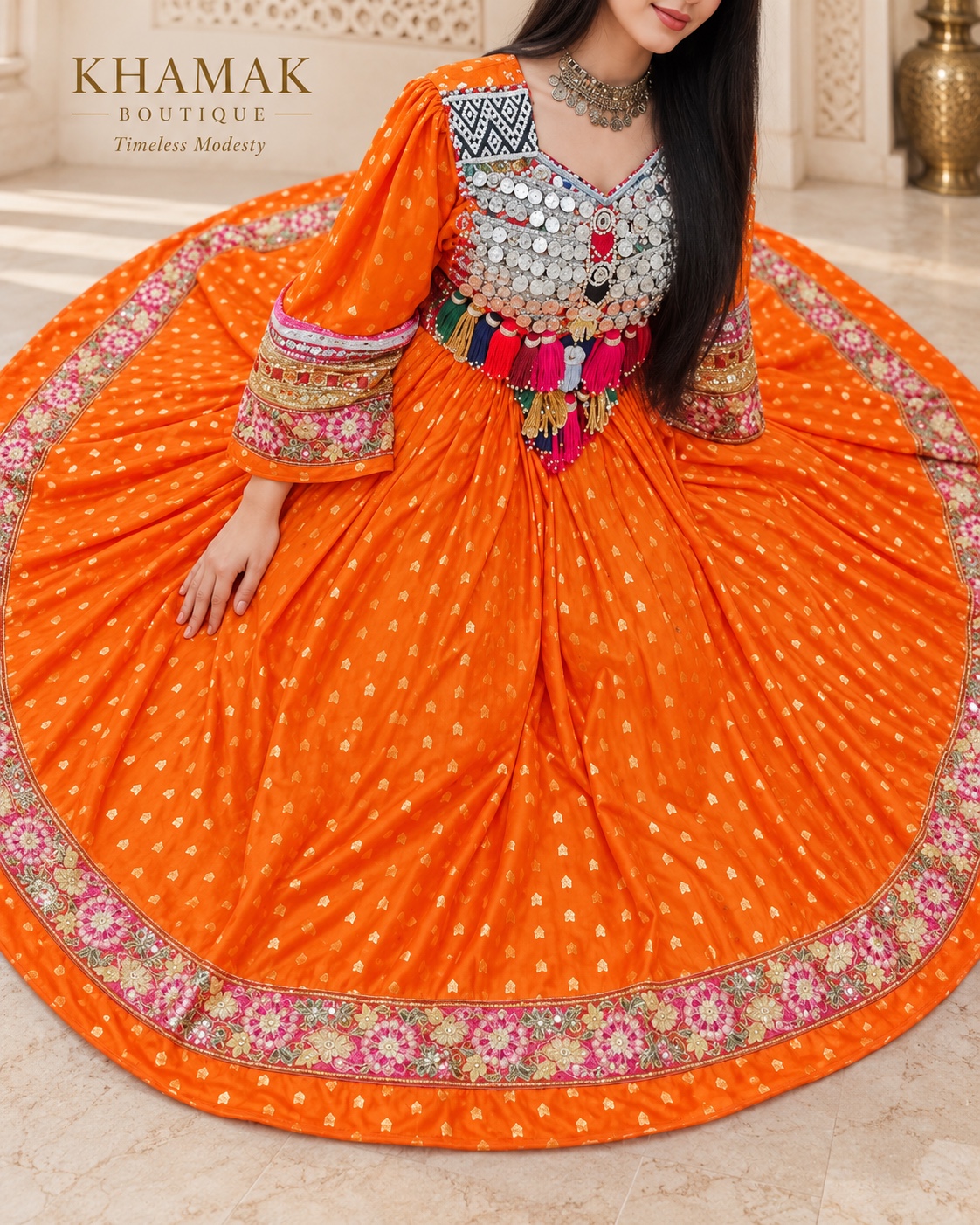 A warm orange dress with graceful occasion styling.