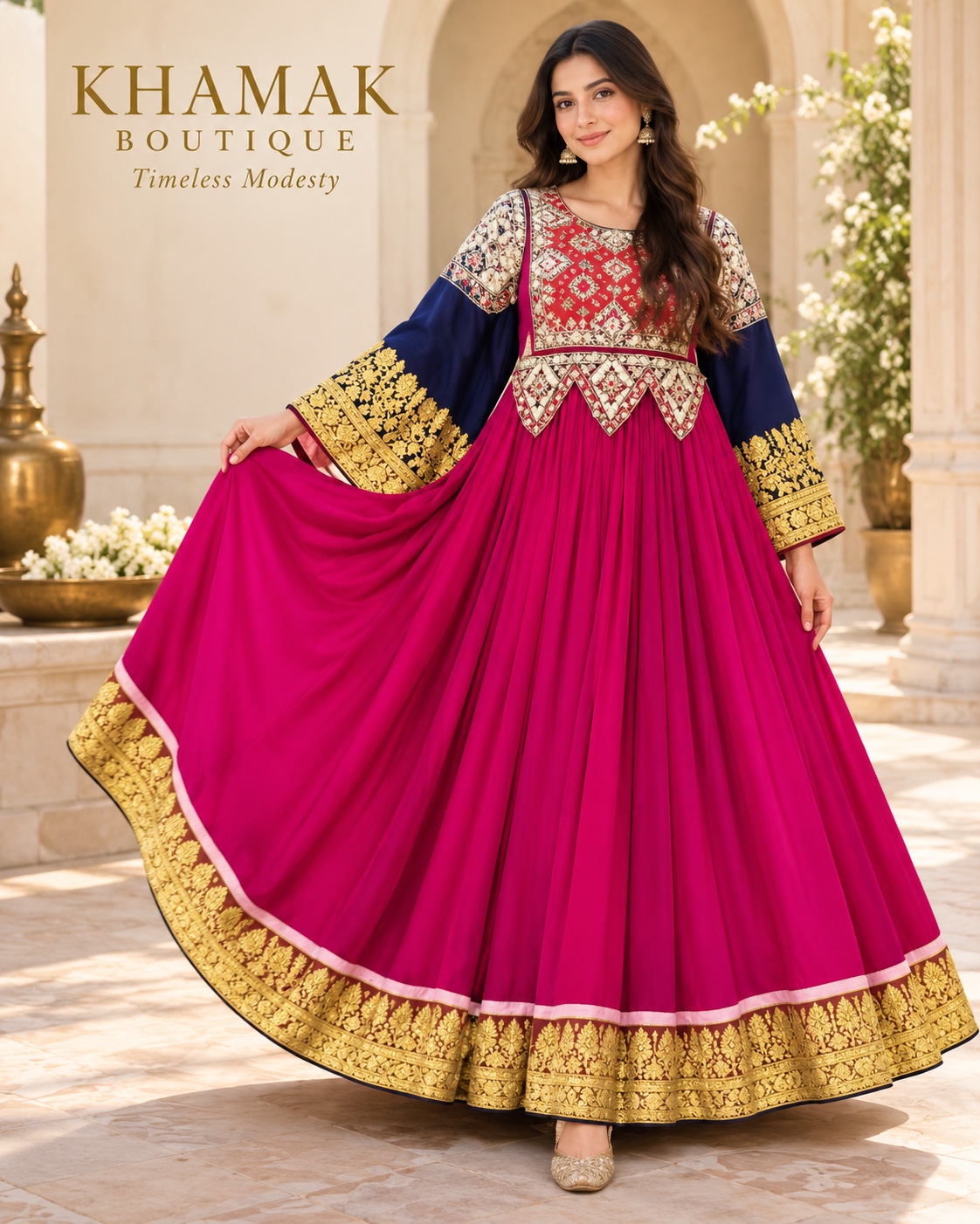 A magenta dress with a dark embroidered bodice and colourful detailing.