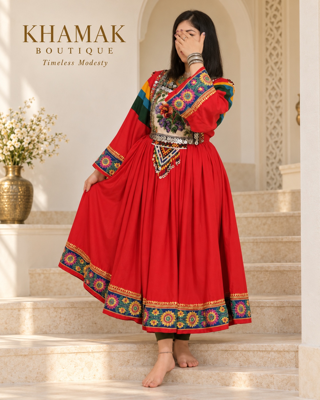 A red heritage dress with richly patterned sleeves.