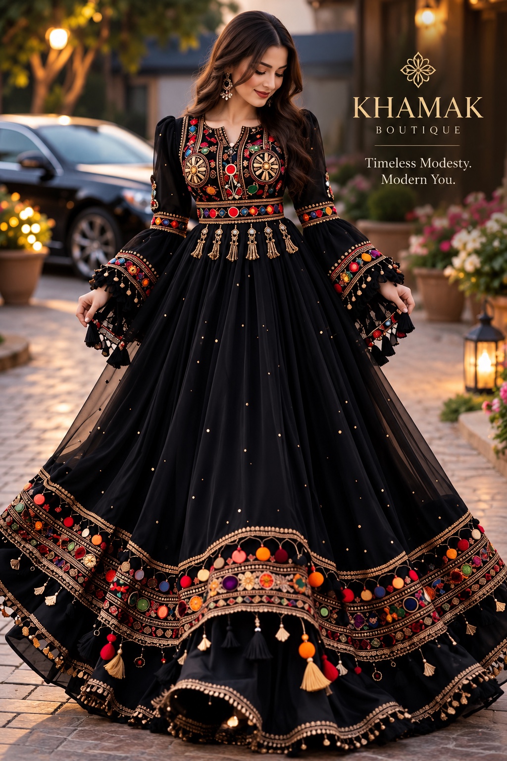 A black full-skirt dress with colourful motifs and tassel trim.