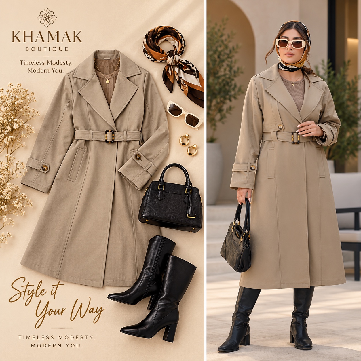A belted neutral coat with classic lapels.