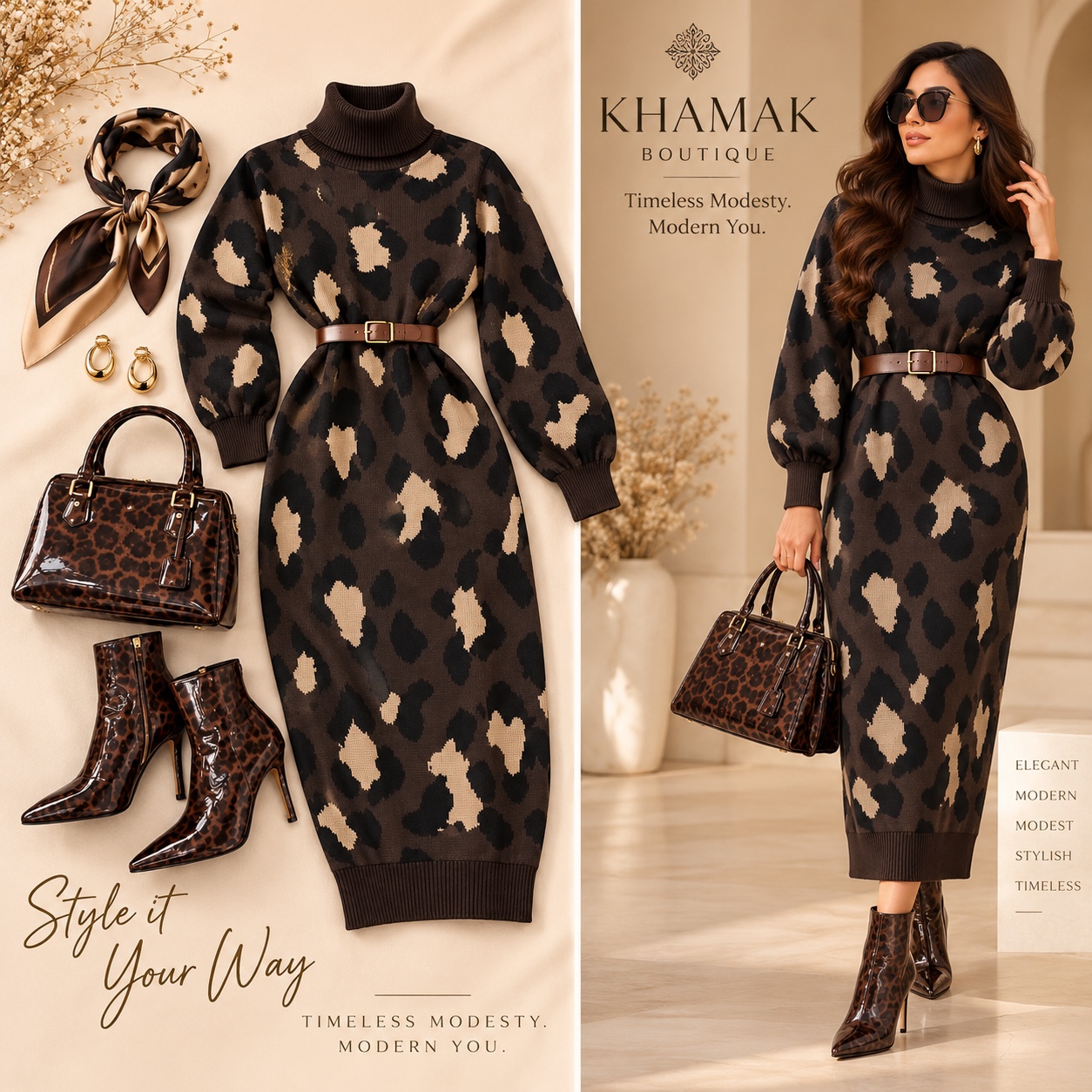 A brown patterned roll-neck dress, styled with a belt.