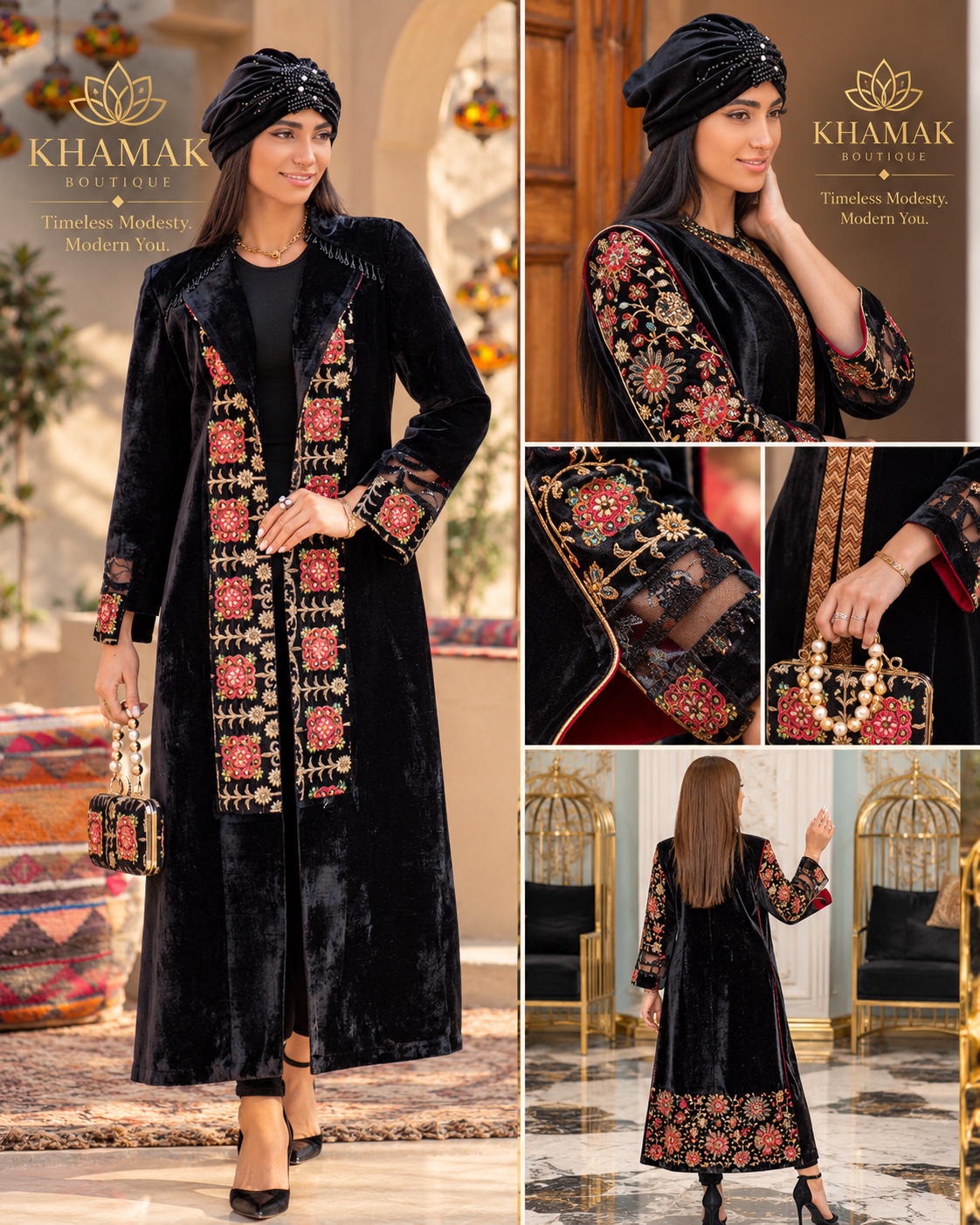 A long black coat with colourful floral detailing.