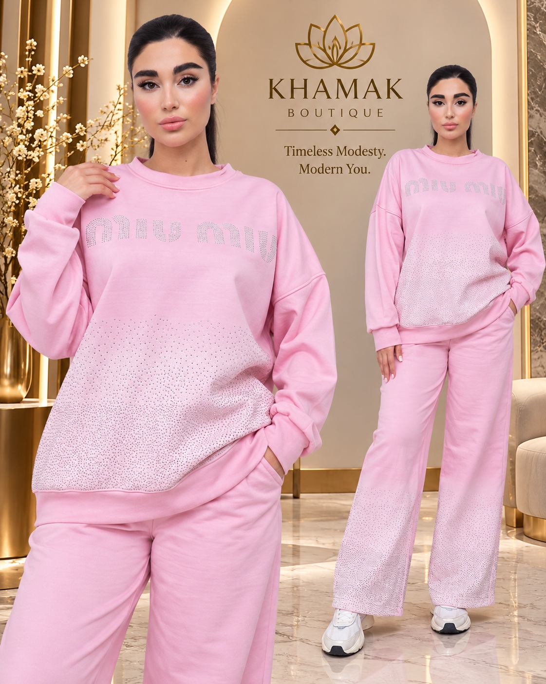 A pink coordinated sweatshirt and trouser look with sparkling details.