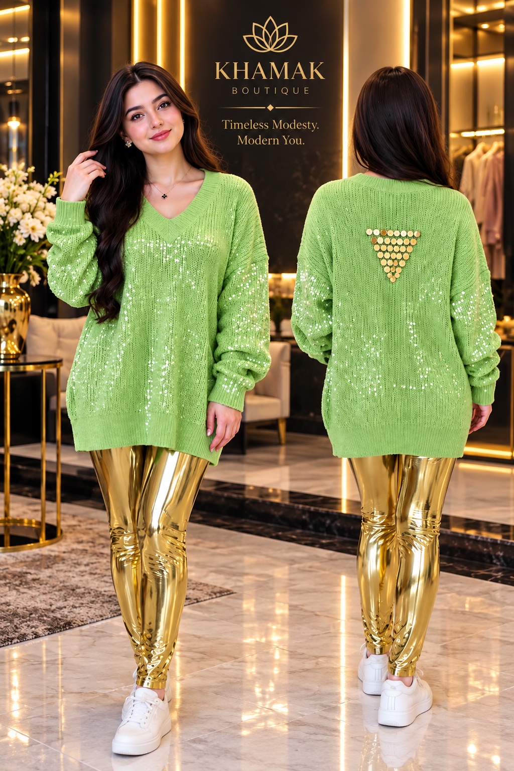 A bright green V-neck knit with decorative shimmer.