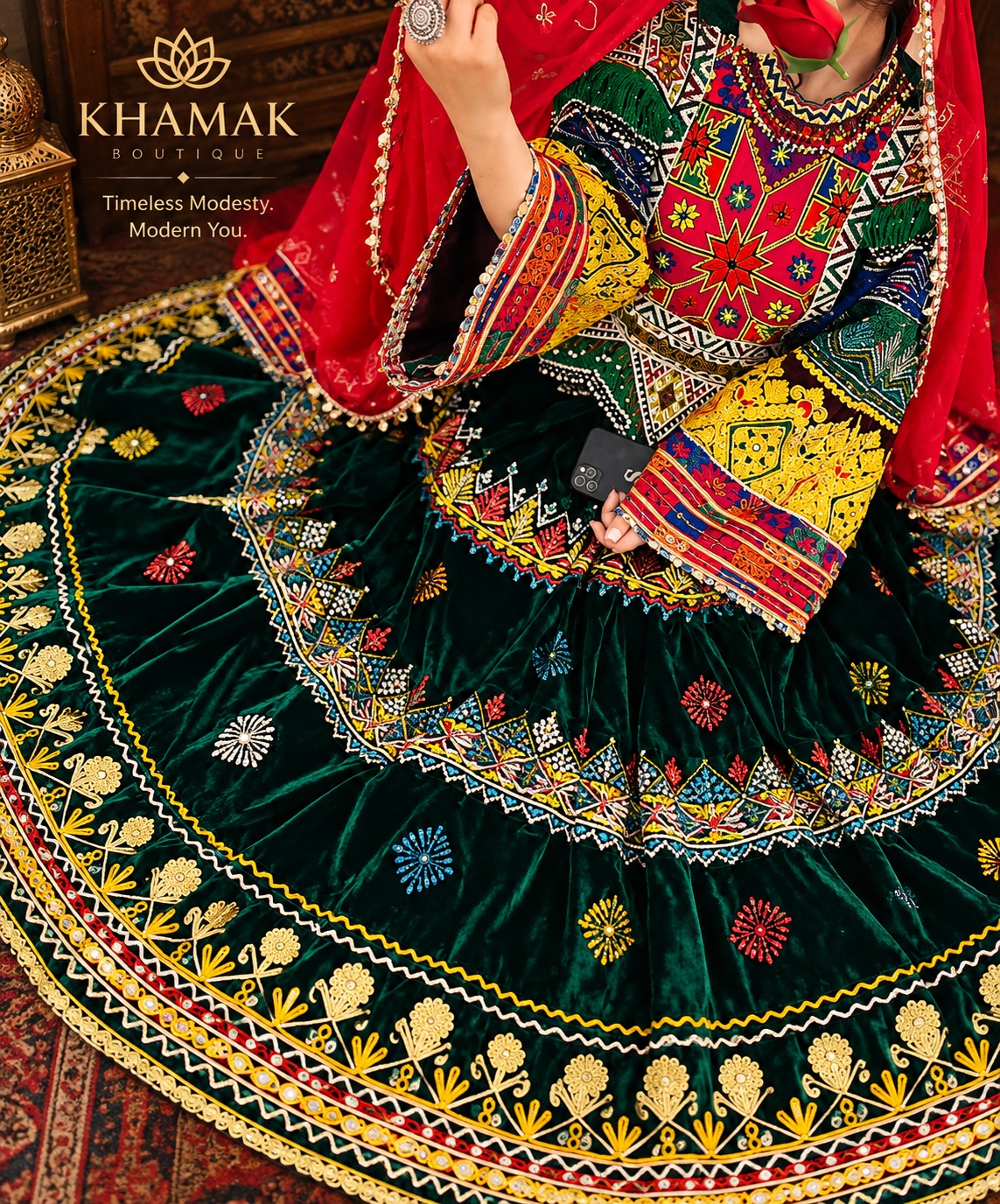Close view of colourful embroidered and embellished fabric details