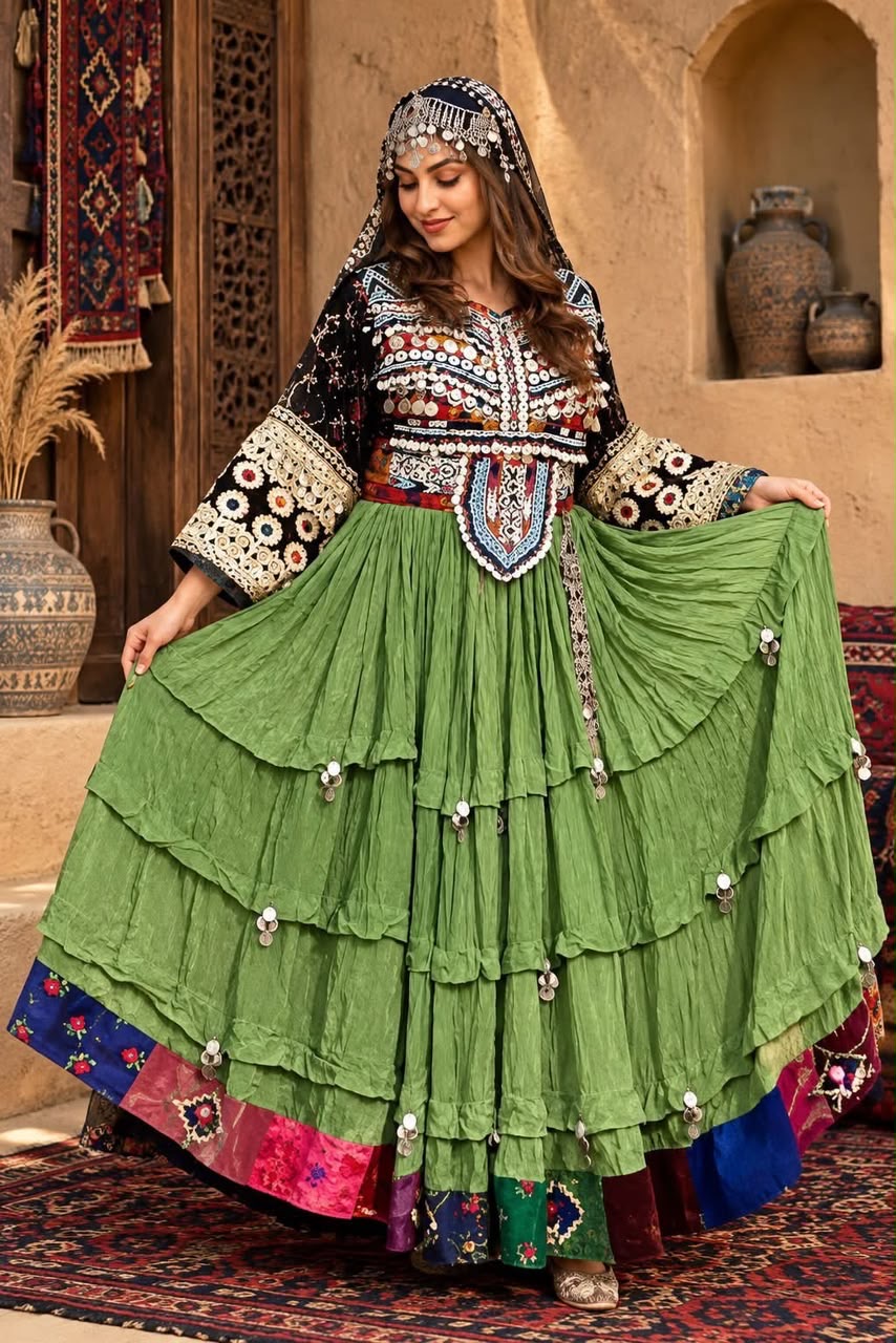 Green tiered Afghan dress with an embellished black bodice and colourful patchwork hem